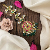 Vriksham Traditional Diya Round Kundan Jadau Maang Tikka-Green Bead-J3484
